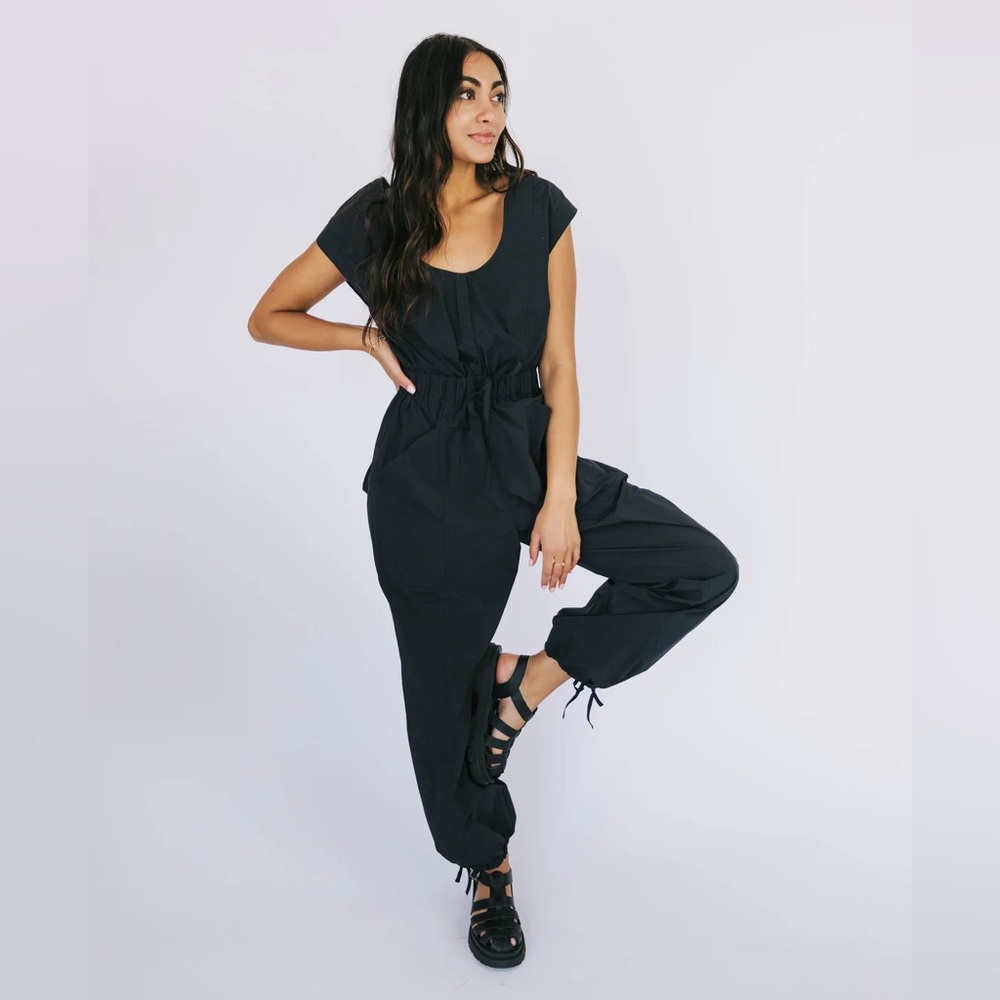 Free People Movement Fly By Night Onesie Jumpsuit Black Drawstring Joggers